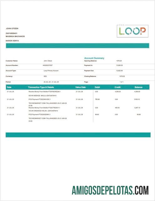 Extrato de conta bancária Kenya Loop modelo Word e PDF para download